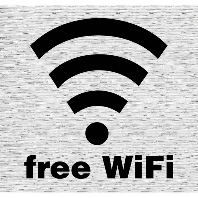 Self-adhesive WiFi sign with brushed aluminum finish, designed for easy installation in cafes and restaurants.