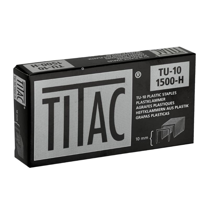 Pack of 1500 durable 10mm plastic U staples designed for Titac tackers, ideal for various stapling projects.