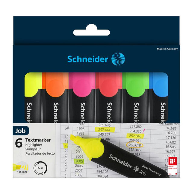 Set of 6 vibrant Schneider highlighters with chisel tips for precise highlighting in various tasks.