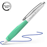 Schneider Haptify medium blue ink ballpoint pen with a white/mint barrel and ergonomic grip for comfortable writing.