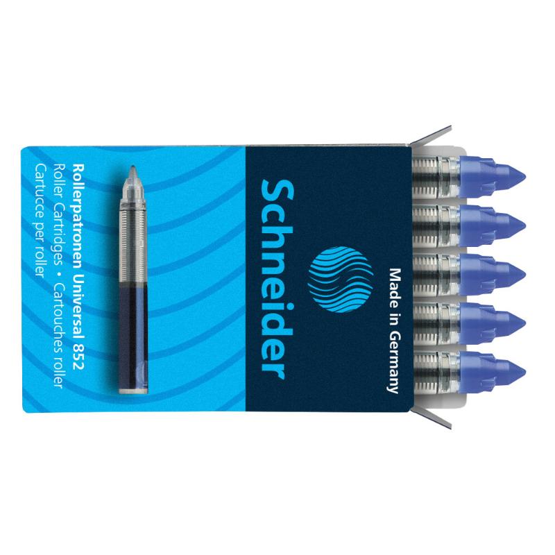 Pack of 5 Schneider Roller cartridges in blue for smooth, consistent writing with quick-drying, smudge-proof ink.