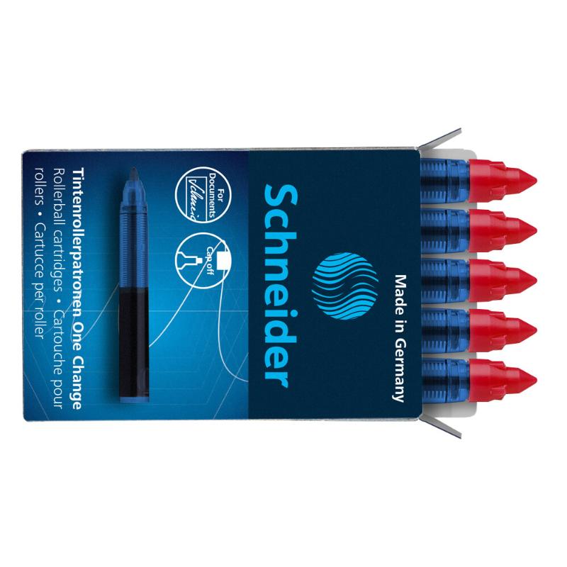 Set of 5 Schneider rollerball refill cartridges in vibrant red, featuring smooth flow and quick-drying ink for efficient writing.