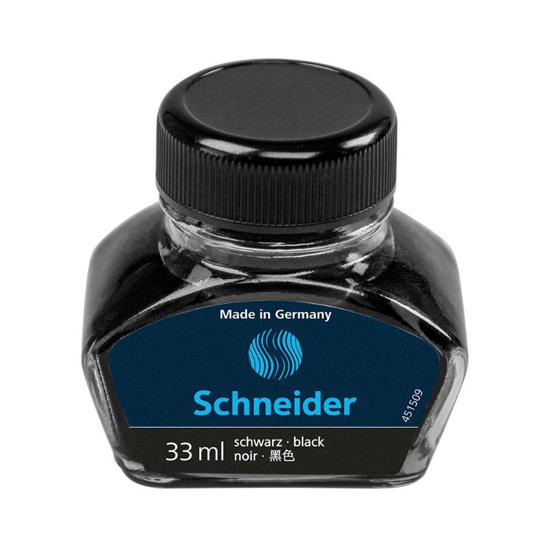 Premium 33ml Schneider Black ink in a reclosable bottle, perfect for fountain and rollerball pens.