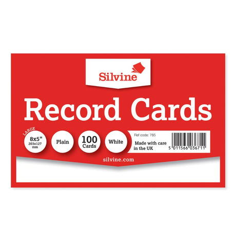 Silvine Record Cards 8x5 Plain, pack of 100 premium white cards for notes, reminders, and ideas with a smooth writing surface.