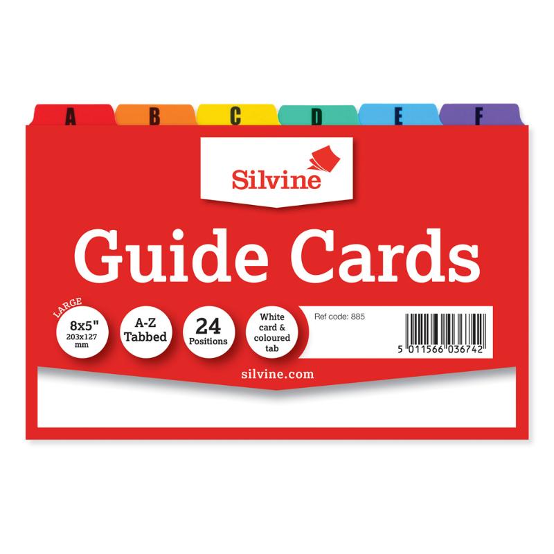 Silvine A-Z guide cards, 24 durable white cards with vibrant colored tabs for easy organization, measuring 8x5 inches.