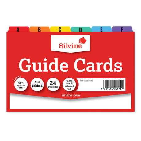 Silvine A-Z guide cards, 24 durable white cards with vibrant colored tabs for easy organization, measuring 8x5 inches.
