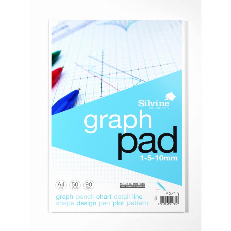 Silvine A4 Graph Pad with 50 sheets of 90gsm paper featuring 1mm, 5mm, and 10mm grid options for precise drawing.