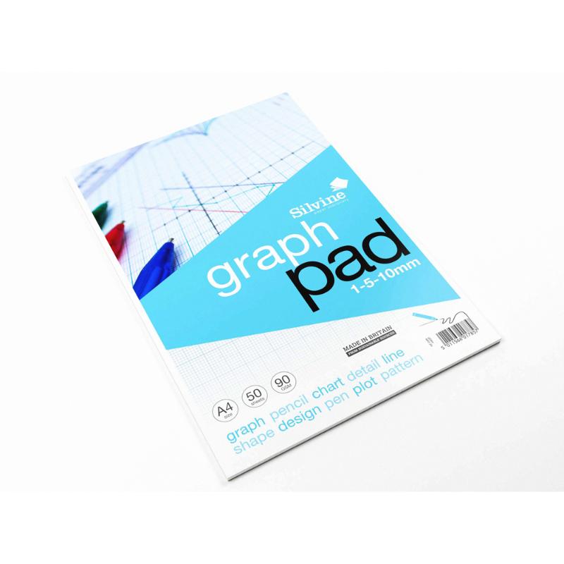 Silvine A4 Graph Pad with 90gsm paper, featuring 1mm, 5mm, and 10mm grids for precision drawing and planning.