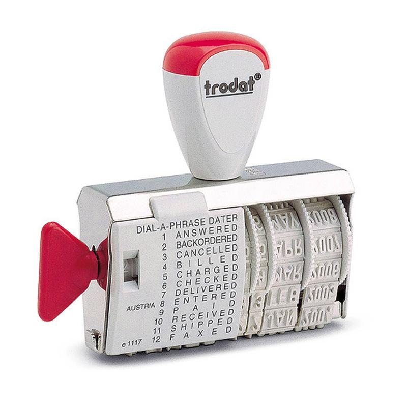 Trodat Classic Dater 1117/L Dial-A-Phrase stamp for marking documents with clear, ergonomic, and durable design.