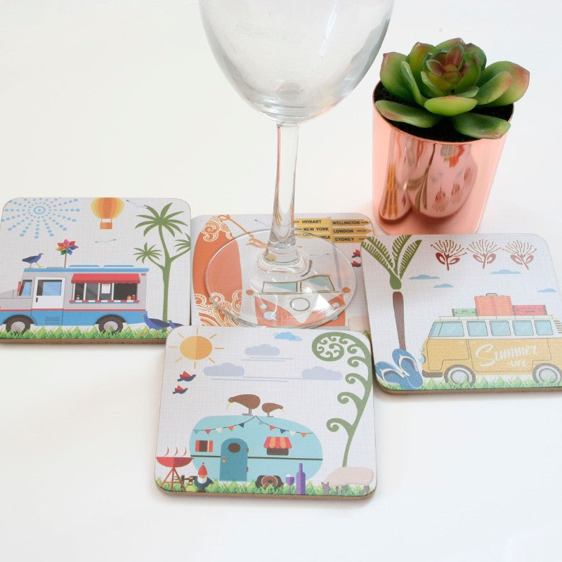 Kiwiana Coasters featuring vibrant Kiwi designs on durable MDF with cork base, perfect for home decor or gifting.