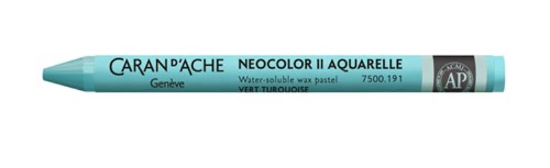 Pack of 10 Caran D’ache Neocolor II Turquoise Green crayons, ideal for versatile wet and dry artistic techniques.