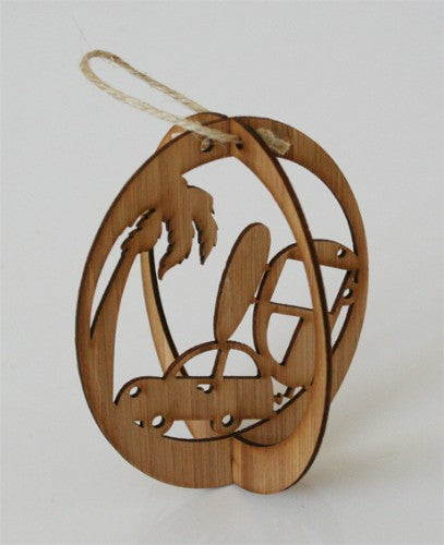 Bamboo Surfer Dub ornament, 77x100 mm, showcasing surfing spirit with vibrant coastal design for home decor.