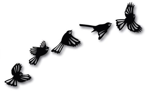 Kiwiana wall art featuring a vibrant flying flock of fantails, crafted from durable Aluminium Composite Material.