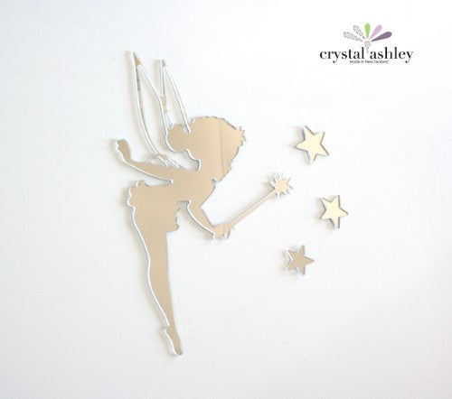 Whimsical Tinkerbell wall art with stars in mirror acrylic, perfect for children's rooms and indoor spaces.