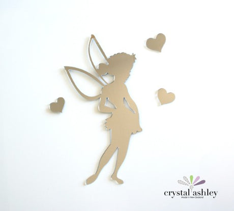 Enchanting Tinkerbell wall art with hearts, made from lightweight mirror acrylic, perfect for whimsical home decor.