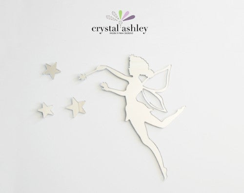 Enchanting Tinkerbell wall art in mirror acrylic, surrounded by stars, perfect for children's rooms and fairy-themed decor.