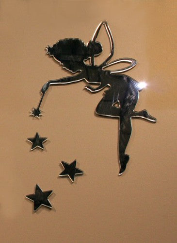 Enchanting Tinkerbell wall art in mirror acrylic, featuring whimsical stars, perfect for brightening any child's room.