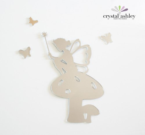 Enchanting wall art of Tinkerbell on a toadstool surrounded by butterflies, crafted from lightweight mirror acrylic.