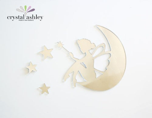 Whimsical Tinkerbell perched on a crescent moon surrounded by stars, crafted in elegant mirror acrylic for magical decor.