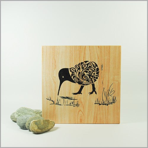 Handcrafted plywood art block with filigree kiwi design, eco-friendly, ready to hang, 120mm, perfect for home decor.