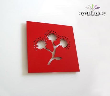 Vibrant red Pohutukawa wall art in 300mm square, crafted from durable Aluminium Composite Material, perfect for any space.