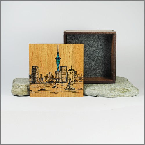 Small Auckland Trinket Box crafted from NZ Silver Beech with a vibrant paua inlay, perfect for storing keepsakes.