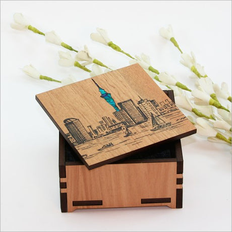 Small Auckland Trinket Box with paua inlay, crafted from NZ Silver Beech veneer; elegant storage solution for jewelry and keepsakes.