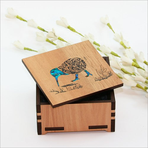 Small filigree trinket box made from NZ Silver Beech veneer with vibrant paua inlay, perfect for jewelry storage.