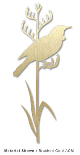 Large Kiwiana wall art featuring a Tui on flax in brushed gold finish, perfect for indoor and outdoor decor.