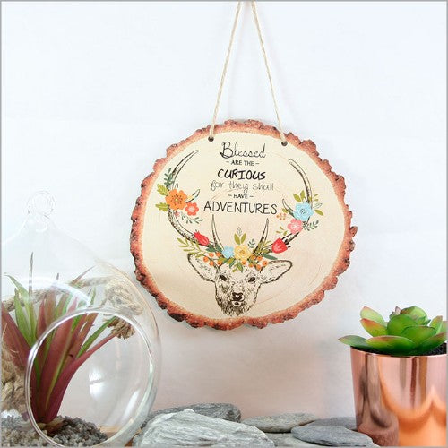 Rustic wood slice wall art featuring a detailed deer design, measuring 155mm x 145mm, perfect for nature-inspired decor.