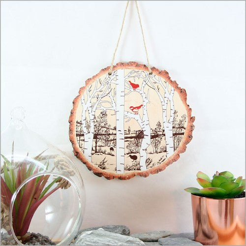 Wood slice wall art featuring detailed woodland birds, perfect for rustic home decor, ready to hang, 155mm x 145mm.