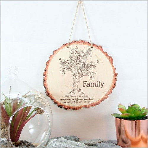 Rustic wood slice wall art featuring a family tree design, crafted from 4mm thick veneer, ready to hang.