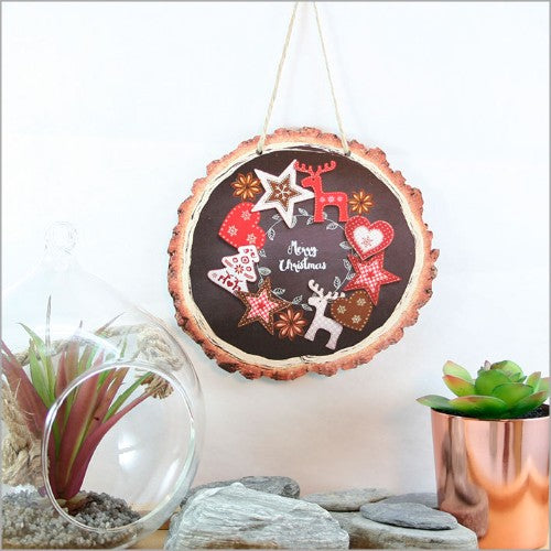 Wood slice wall art featuring a festive red and black design, perfect for holiday decor and ready to hang.