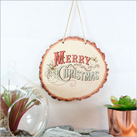 Vintage Merry Christmas wall art on wood slices, crafted from 4mm thick veneer, perfect for rustic holiday decor.