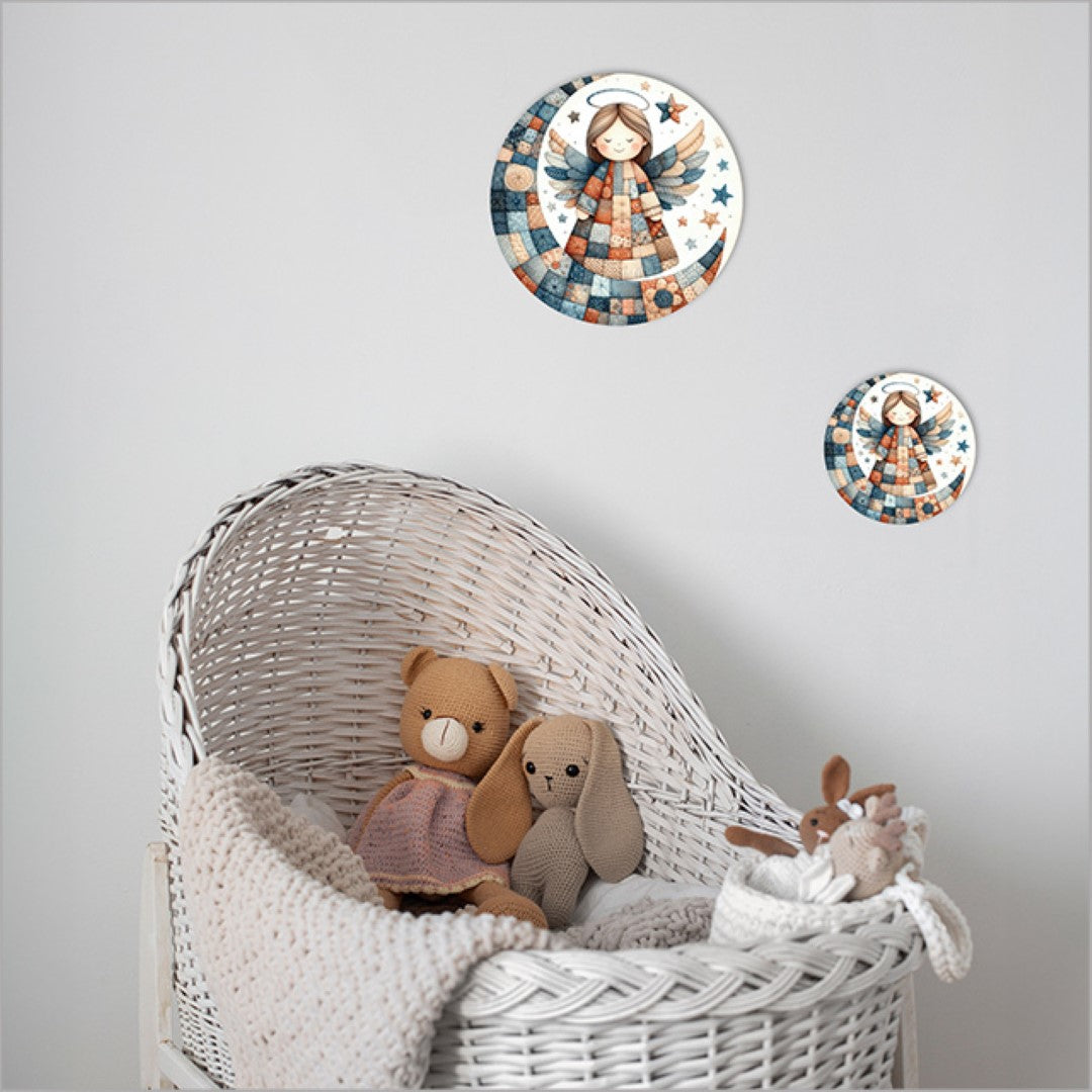 Small canvas circle featuring a whimsical patchwork angel design, perfect for unique wall decor and easy hanging.