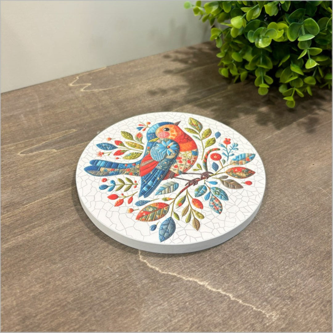 Canvas Printed Circle - Patchwork Bird 2 Right Blue (Small)