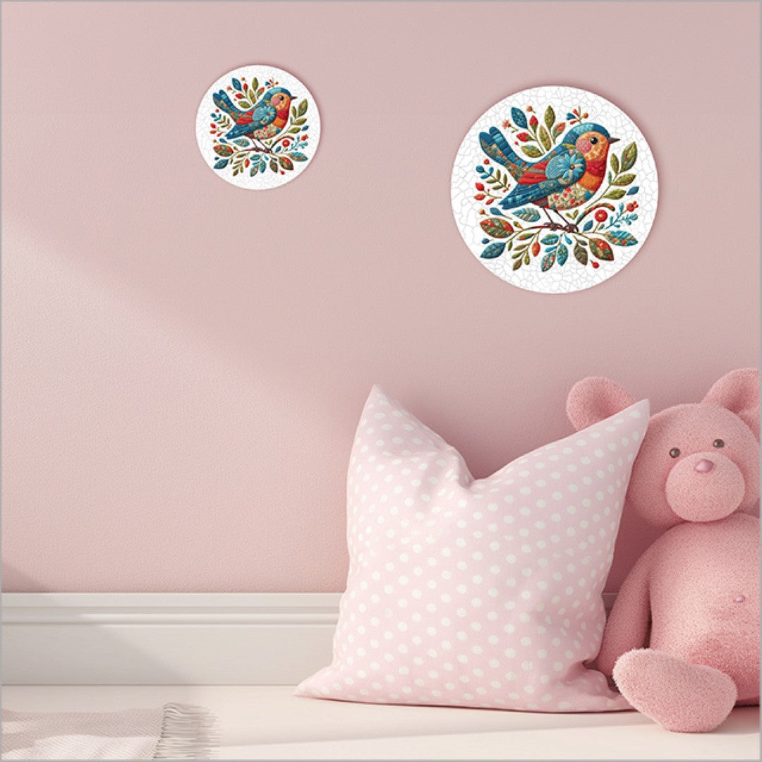 Canvas Printed Circle - Patchwork Bird 2 Right Blue (Small)