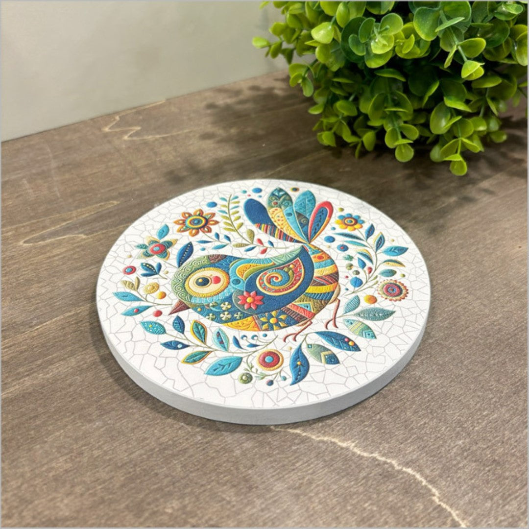 Canvas Printed Circle - Patchwork Bird 4 Left Blue (Small)