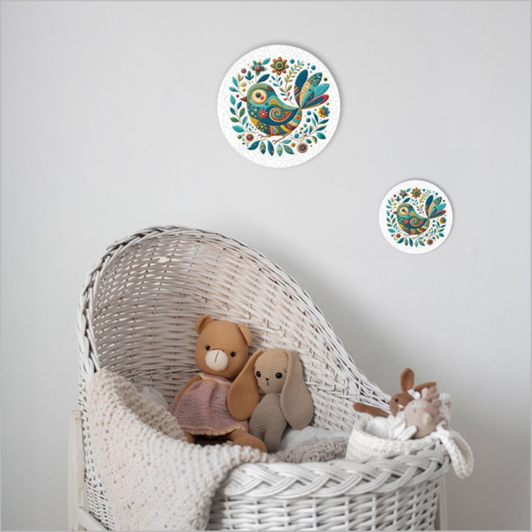 Canvas Printed Circle - Patchwork Bird 4 Left Blue (Small)