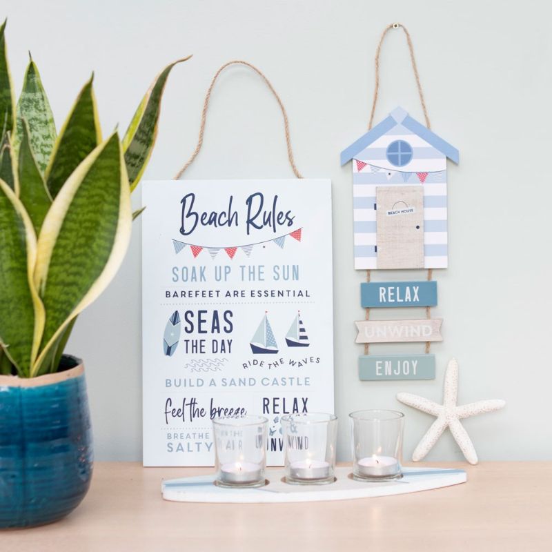 Relax Unwind Enjoy Beach Hut Hanging MDF Sign