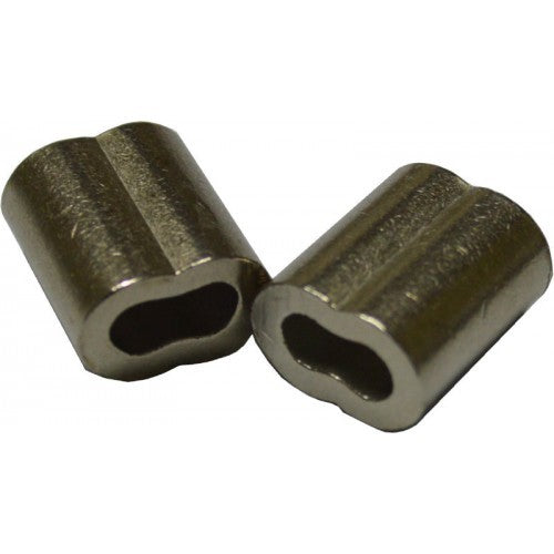 Durable 4mm stainless wire rope swage, nickel-plated on copper, ideal for marine and industrial applications.