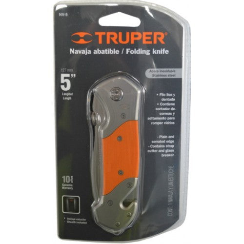 Pocket Knife Truper NV5 with 13cm serrated, locking blade, durable design, lightweight, ideal for outdoor activities.