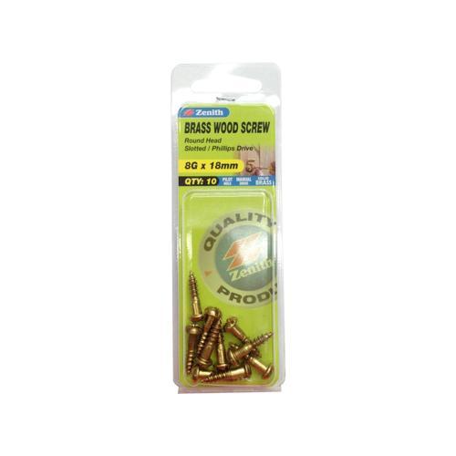 Zenith Wood Screw 8G X 18mm Solid Brass Pack of 10