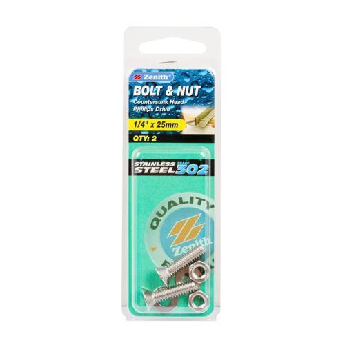 Zenith Countersunk Bolt & Nut 1/4 Inch X 25mm Stainless Steel Pack of 2