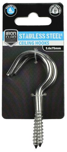 Iron Clad Ceiling Hooks 4.8x75mm Stainless Steel 316 Pack of 2