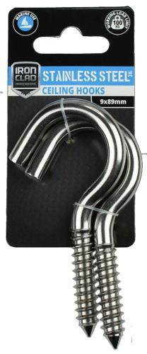 Iron Clad Ceiling Hooks 7.6x89mm Stainless Steel 316 Pack of 2