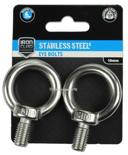 Iron Clad Eye Bolts 10mm Stainless Steel 316 Pack of 2