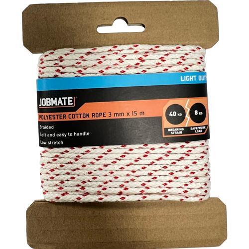 Jobmate Polyester Cotton Rope 3mm X 30m White With Red Specs
