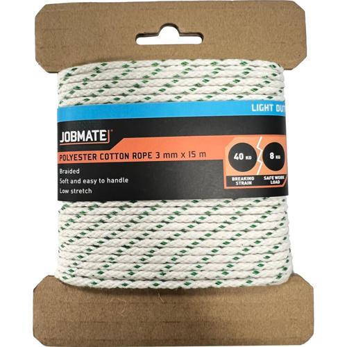 Jobmate Polyester Cotton Rope 3mm X 30m White With Green Specs
