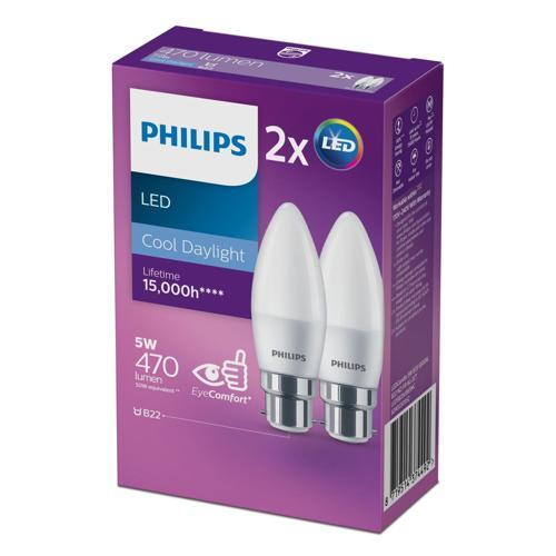 Philips Light Bulb LED B22 470lm Frosted Candle 2 Pack 5W Cool Pack of 2